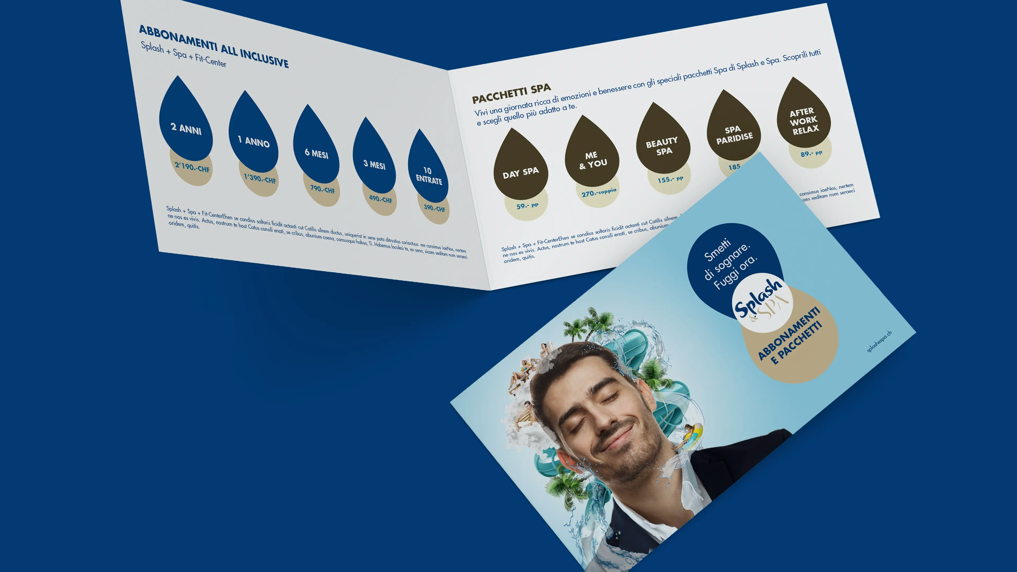 The image shows a Splash & Spa brochure with subscription plans and spa packages on the open page. The cover features a smiling man, promoting relaxation and spa offers.