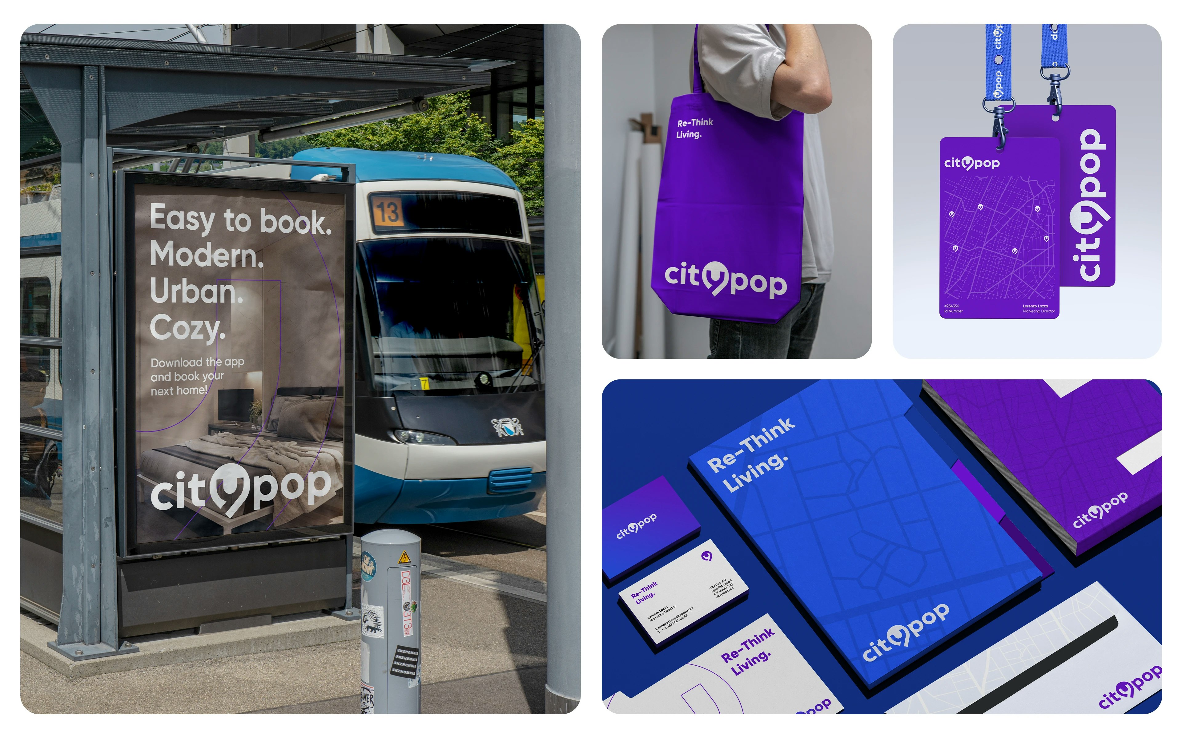 Collage of CityPop promotional materials: bus stop poster, person with a purple bag, and stationery themed "Rethink Living," emphasizing a modern and urban lifestyle.