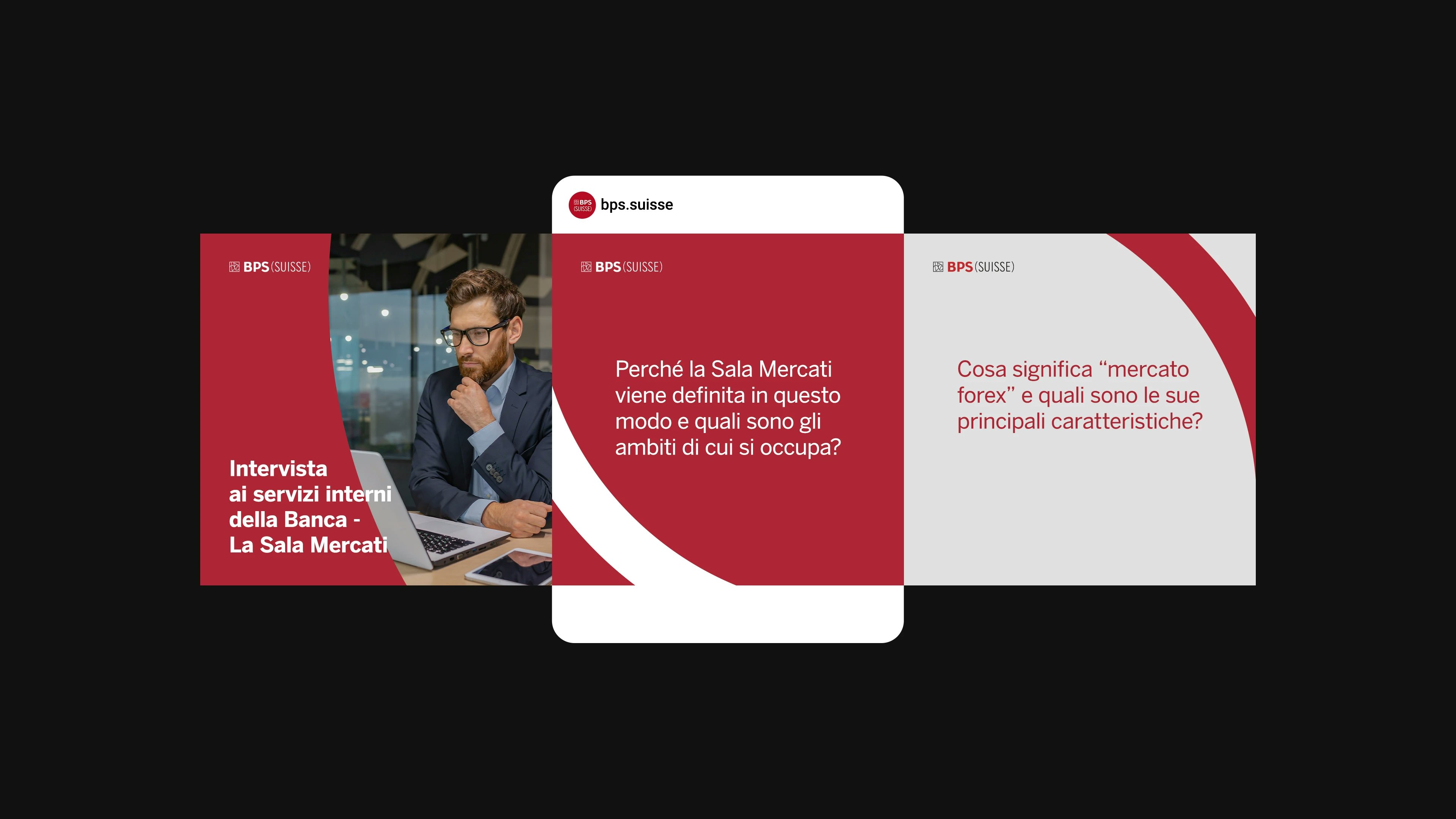 Promotional carousel for BPS (Suisse) featuring images and text about the Trading Room and the forex market.