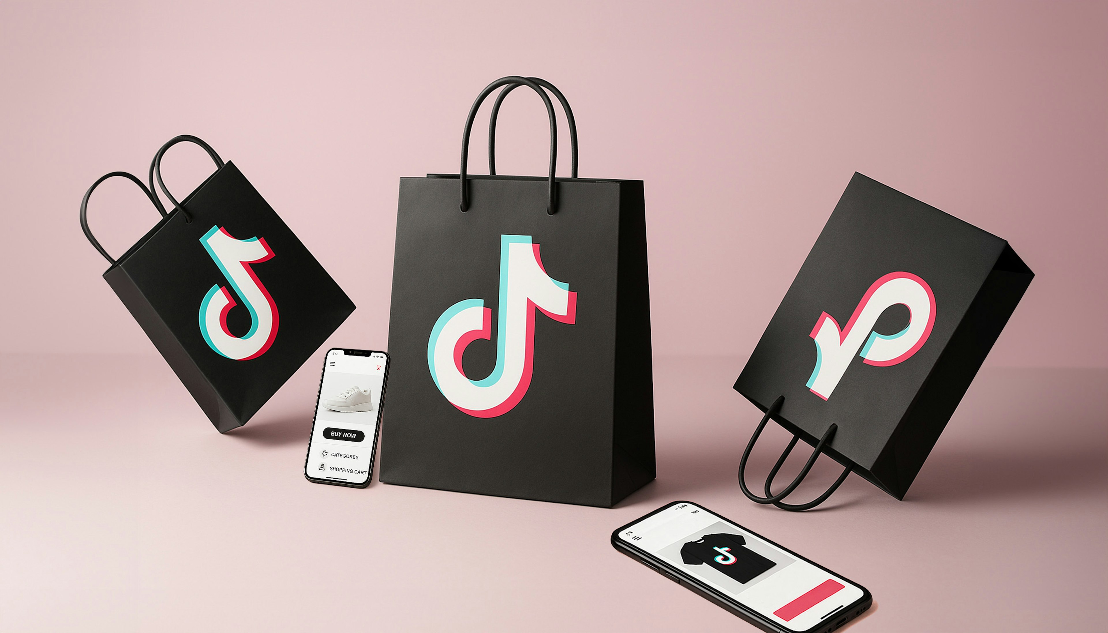 TikTok logo, borse nere, smartphone e sfondo rosa 