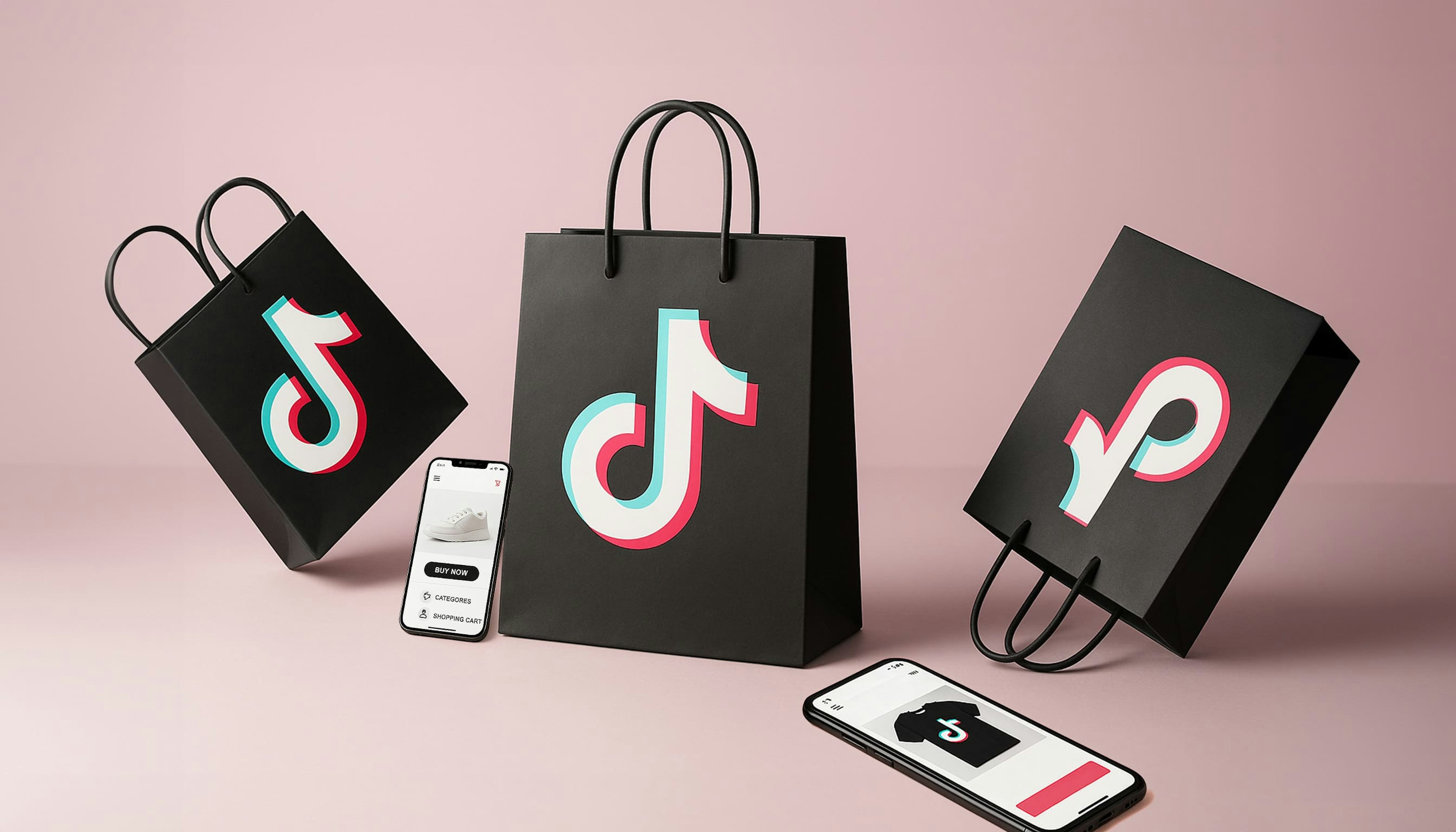 logo TikTok, borse nere, smartphone e sfondo rosa