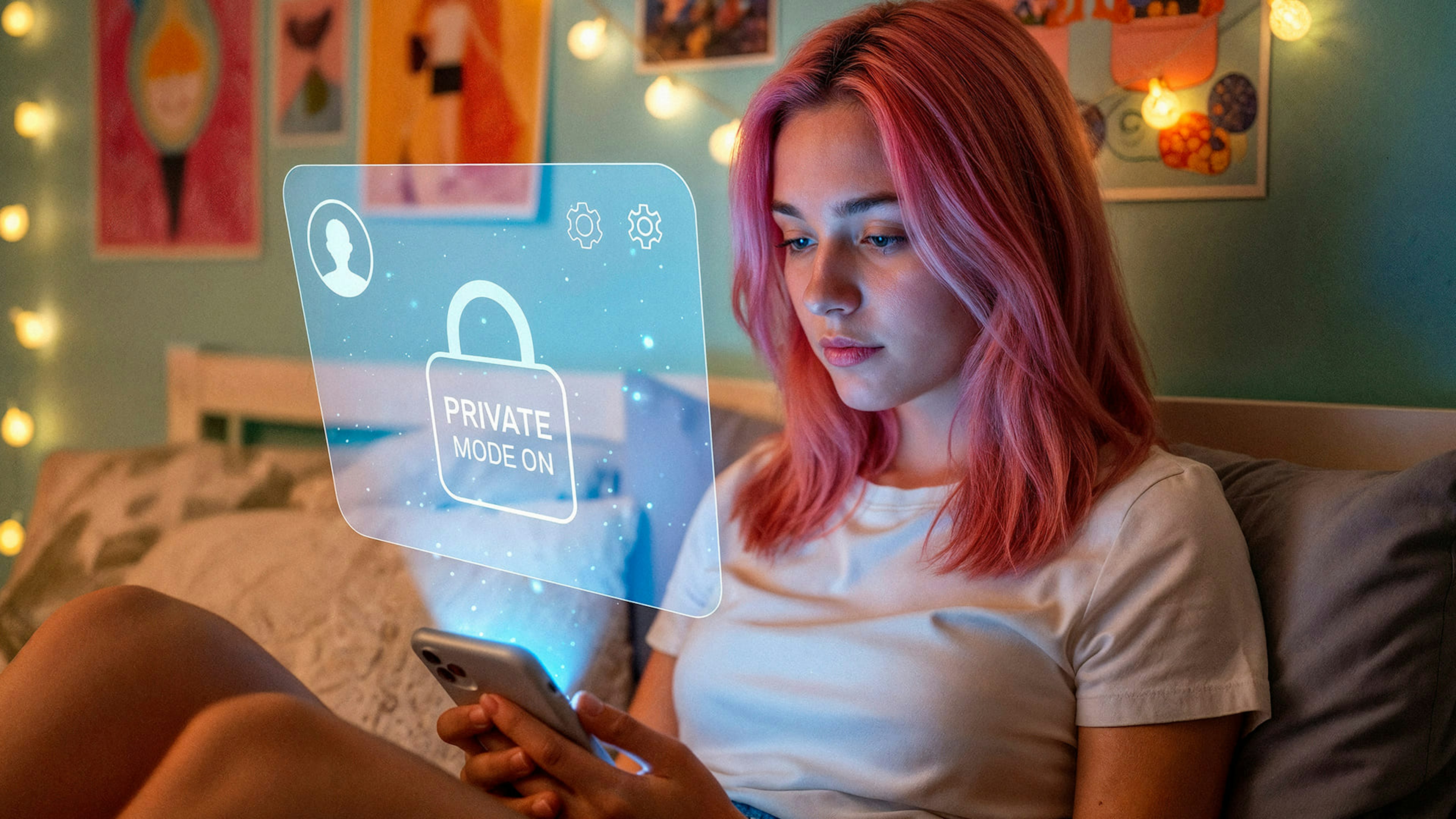 Ragazza con capelli rosa seduta sul letto in una stanza decorata con luci e poster, mentre usa uno smartphone. Davanti a lei un'interfaccia digitale con l'icona di un lucchetto e la scritta 'Private Mode On'