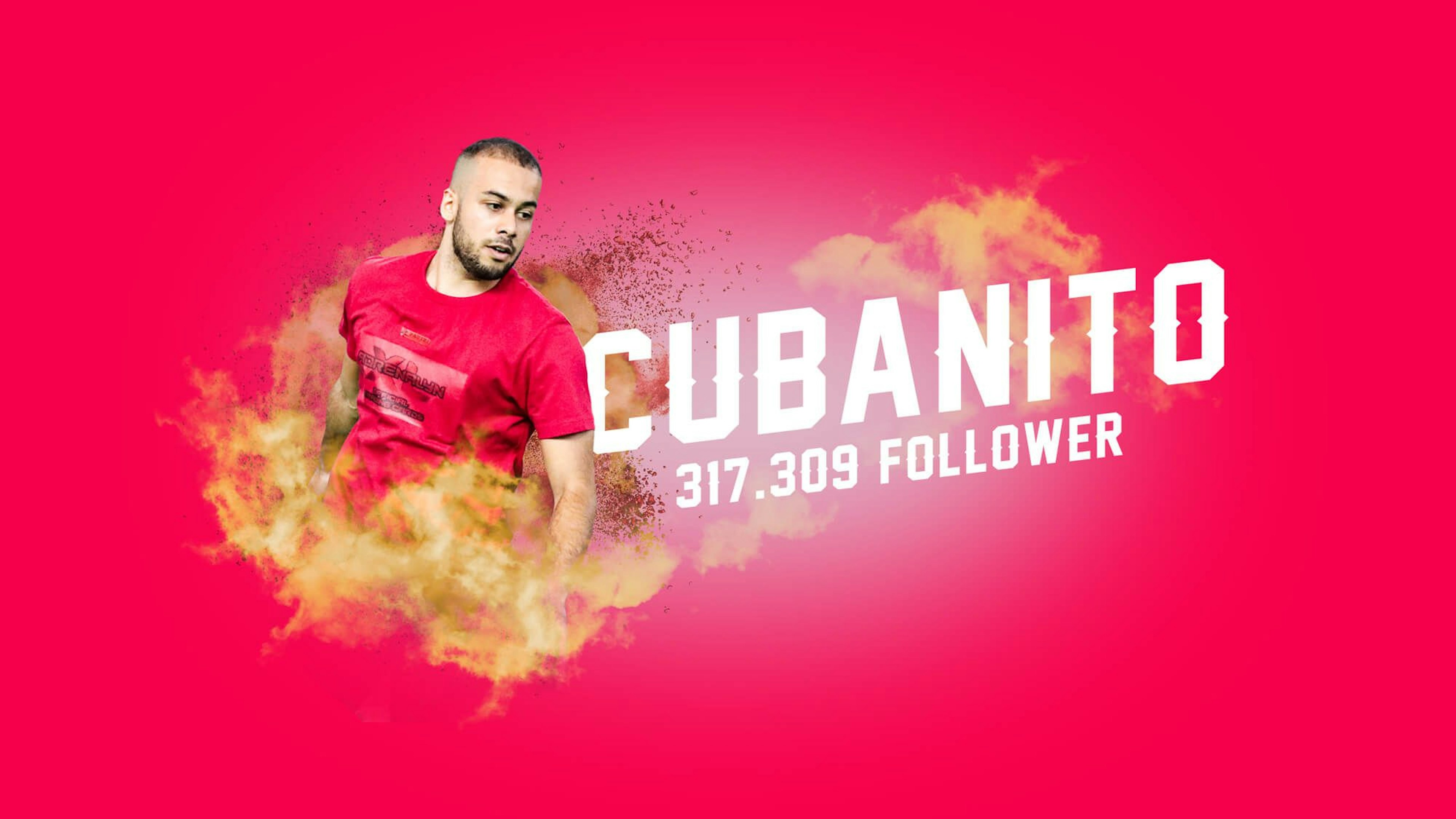 Cubanito, a social media influencer with 317,309 followers, is depicted in a vibrant pink background with colorful smoke, emphasizing his energetic brand.