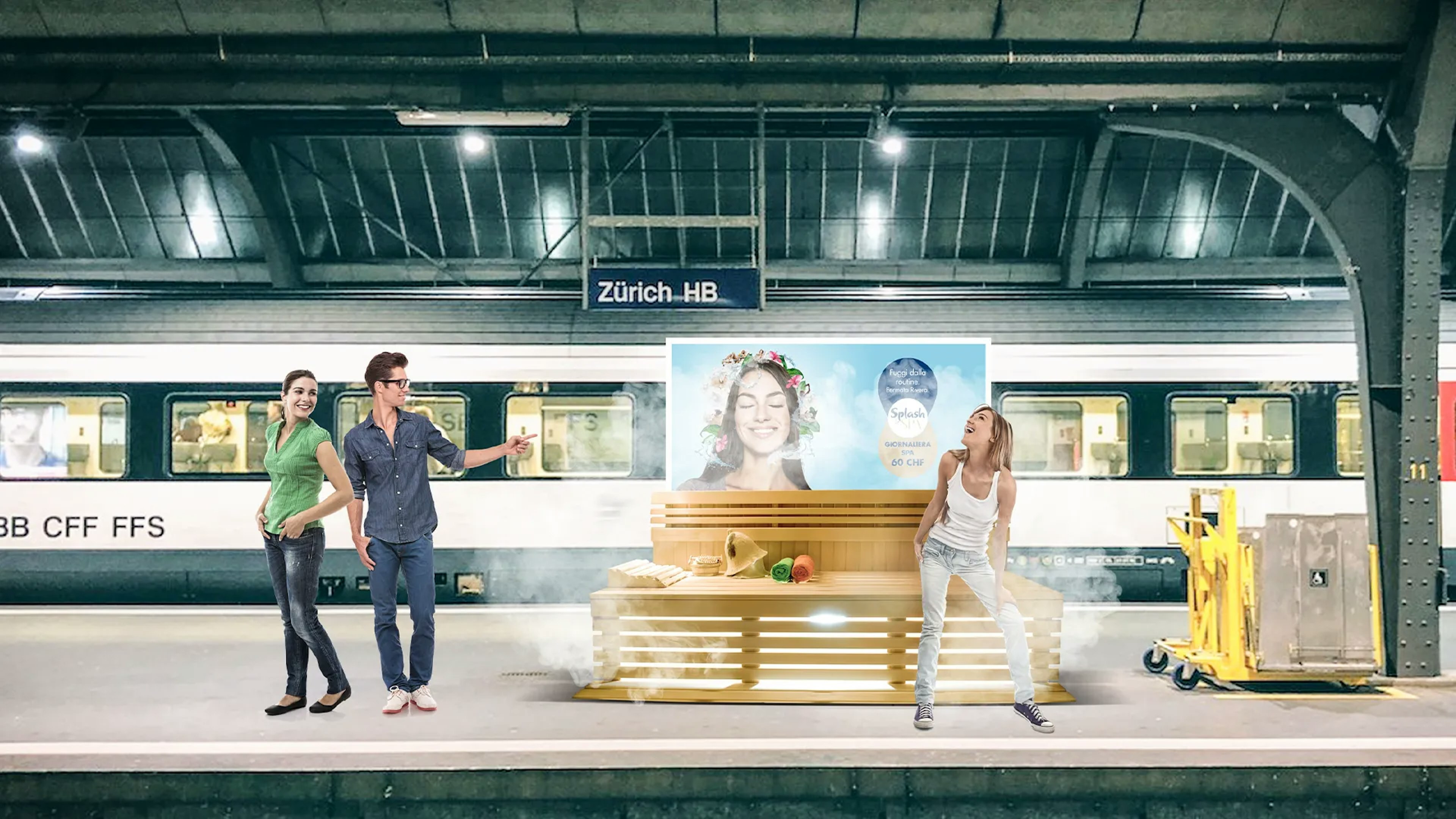 The image shows a Zürich HB train station platform with a Splash & Spa ad featuring a smiling woman. A sauna bench with spa items is placed in front, and three people are casually interacting, blending relaxation with the train station setting.