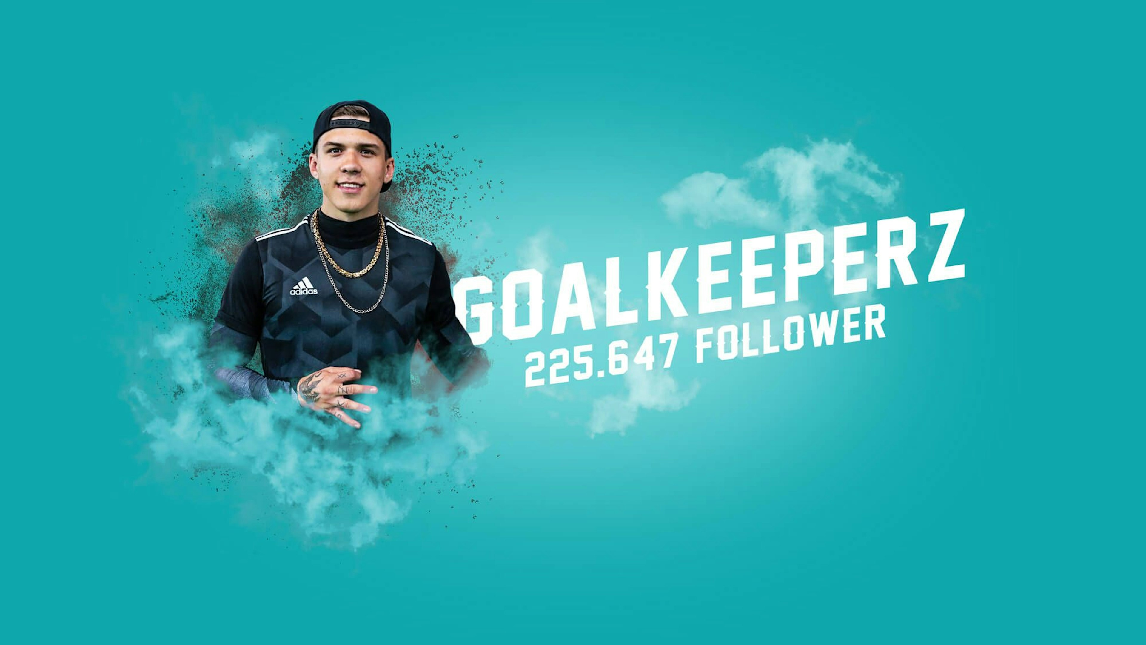 "Goalkeeperz" stands against a teal background in a black Adidas jersey and cap, with "225,647 FOLLOWER" text beside him, surrounded by dynamic smoke effects.