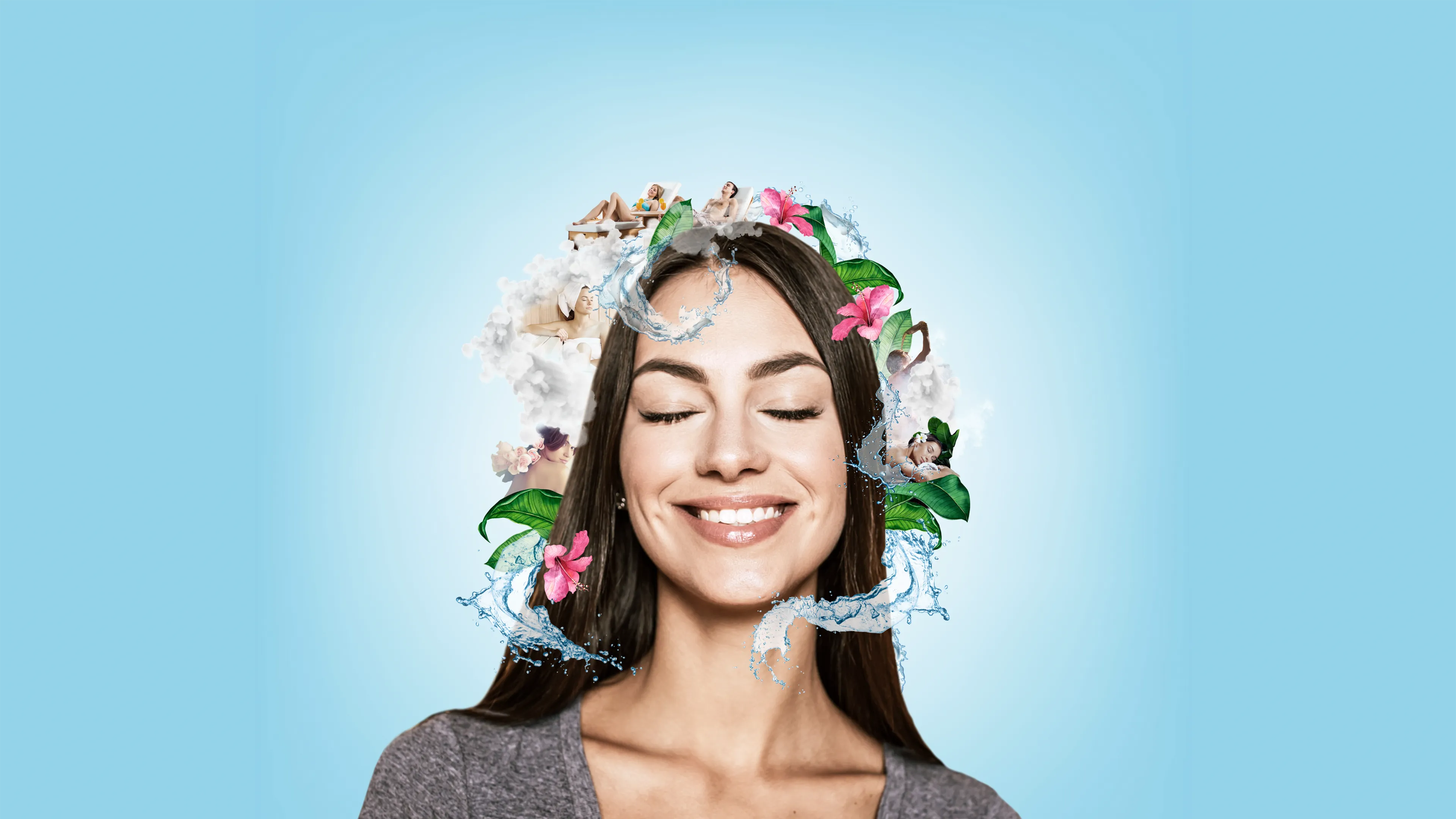 "Smiling woman with closed eyes, surrounded by spa and nature elements like water, flowers, and leaves, symbolizing relaxation and well-being."