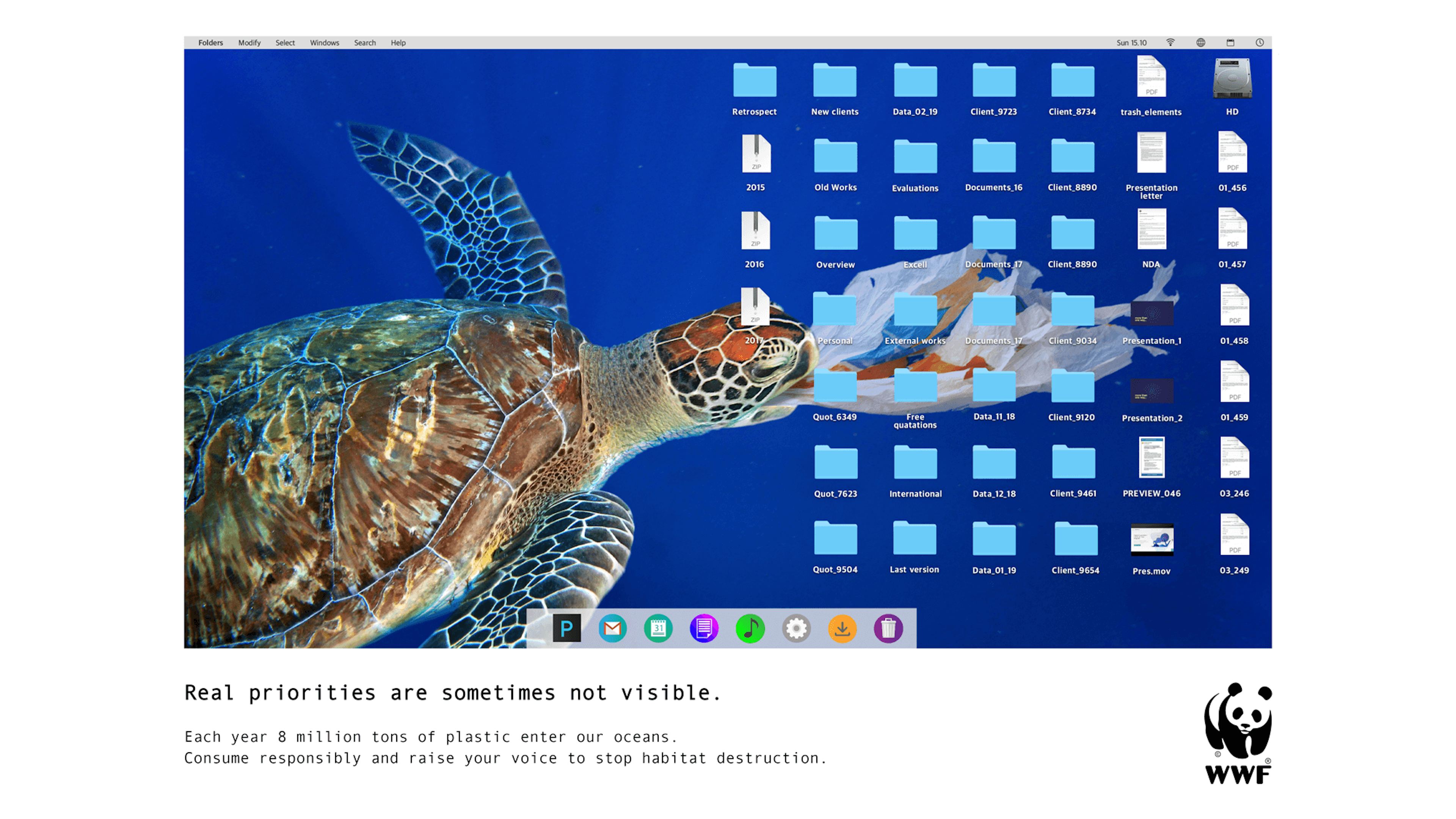 A sea turtle with plastic in its mouth is shown as a desktop background on a cluttered screen, highlighting ocean pollution and the need for environmental awareness.