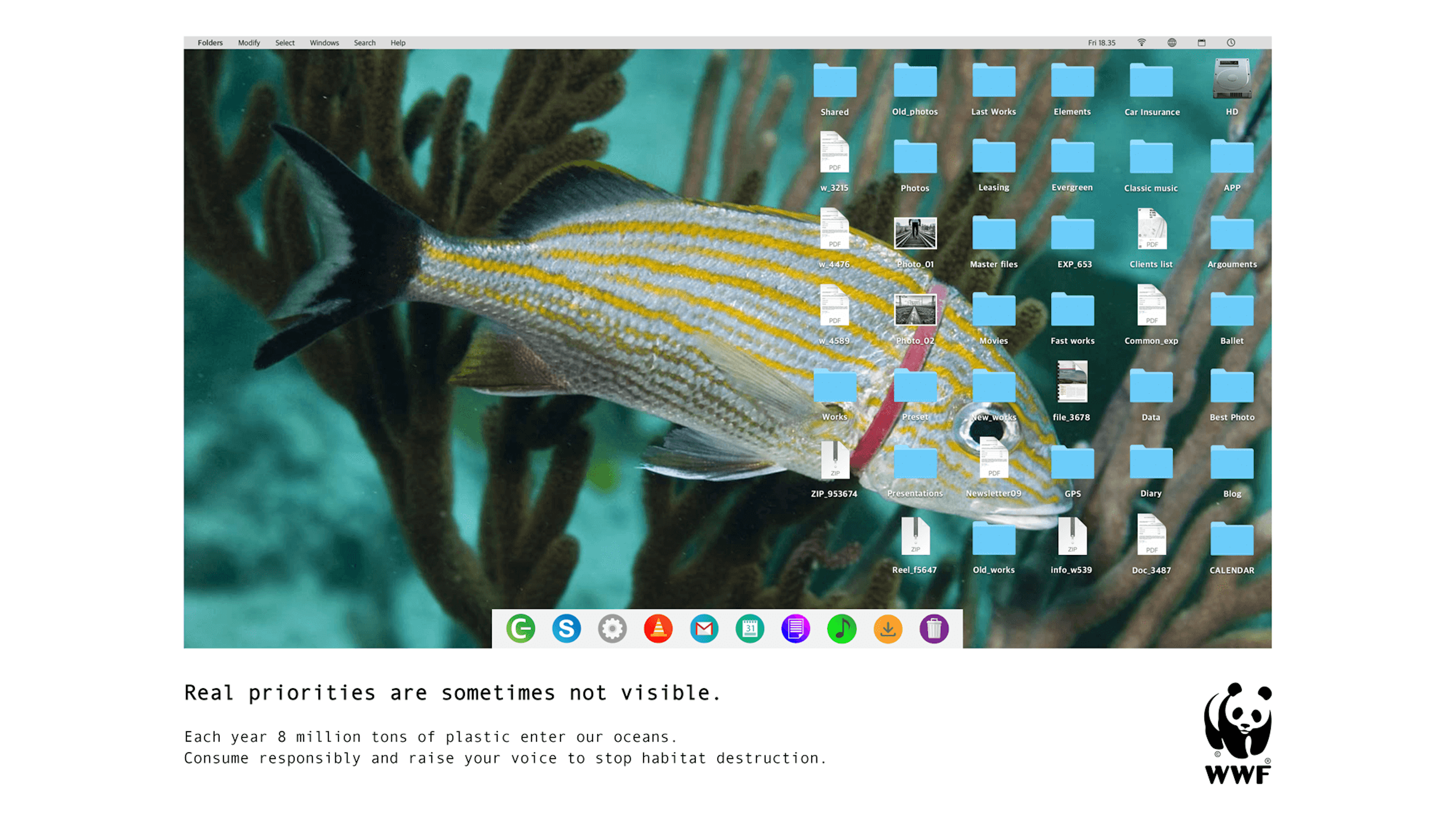A fish swims with plastic in its mouth, displayed as a cluttered desktop background. The image emphasizes ocean pollution, urging viewers to focus on environmental priorities.