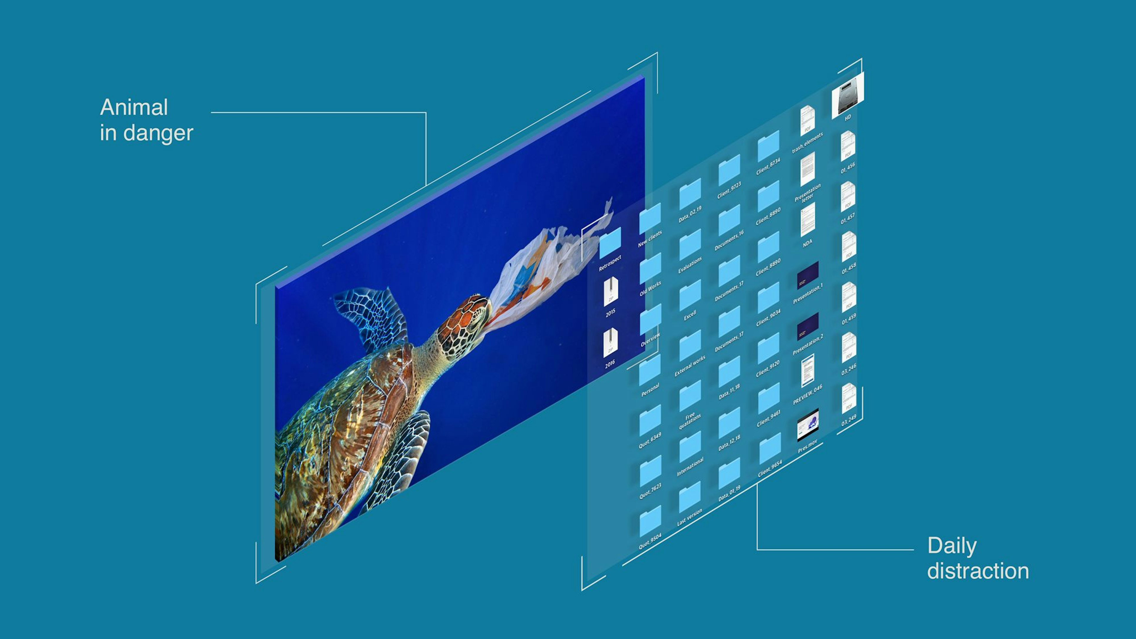 Sea turtle endangered by plastic, depicted on a computer screen with files spilling out, symbolizing daily distractions.