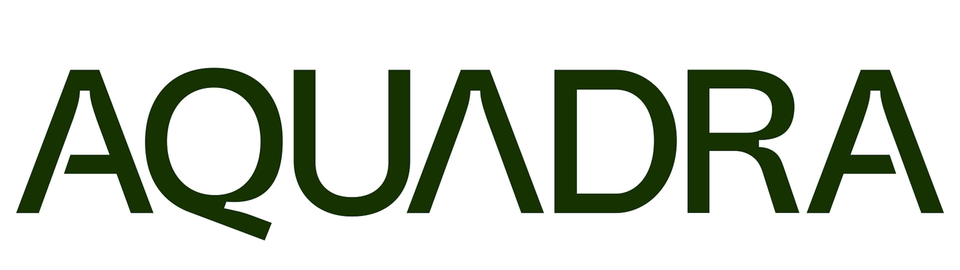 Bold green logo of "AQUADRA" in all caps, designed with a sleek, modern font that curves slightly, enhancing the brand's visual identity as innovative and environmentally conscious.