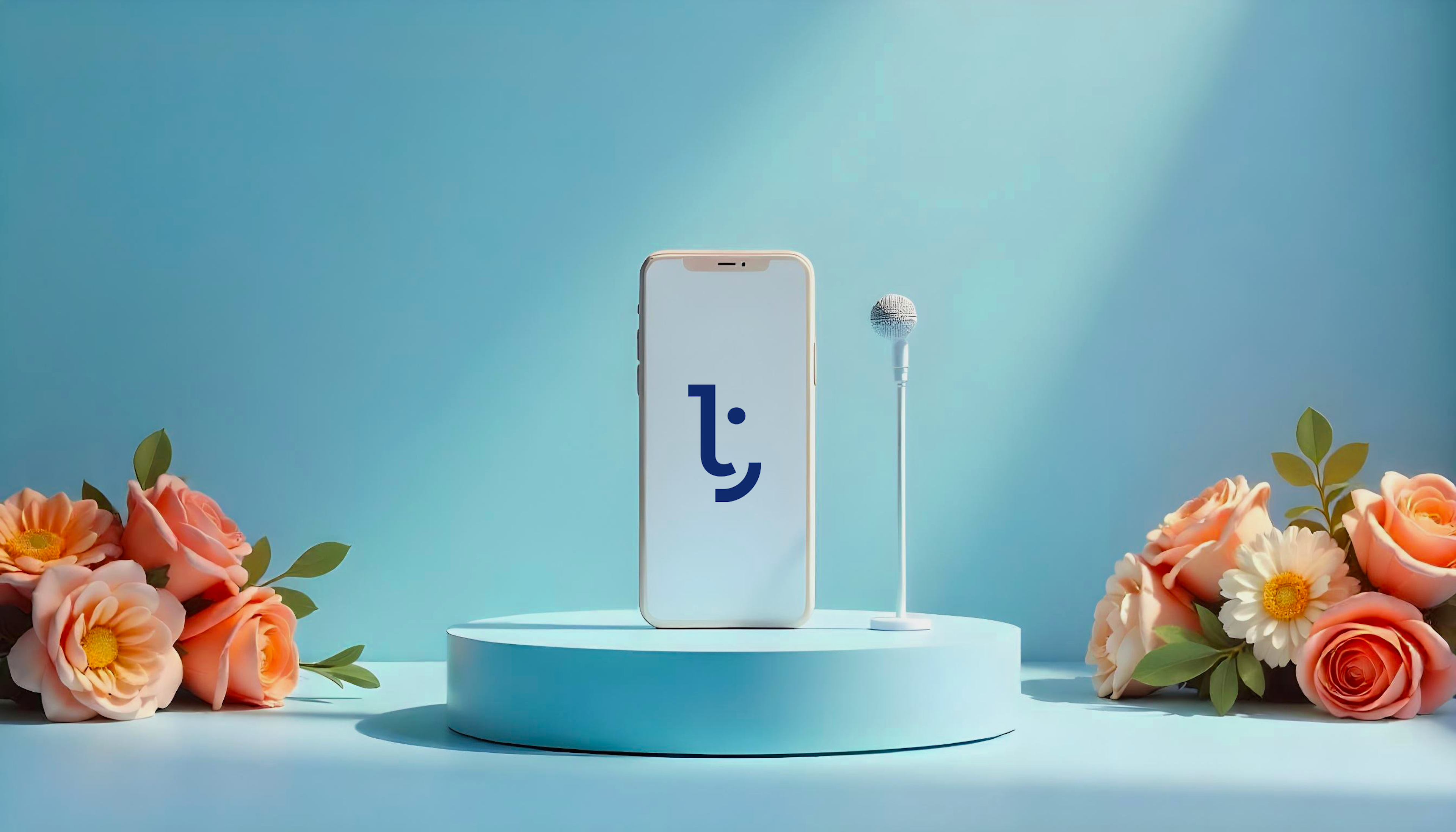 Smartphone on a blue pedestal with Say Social logo, microphone on the side and floral decorations