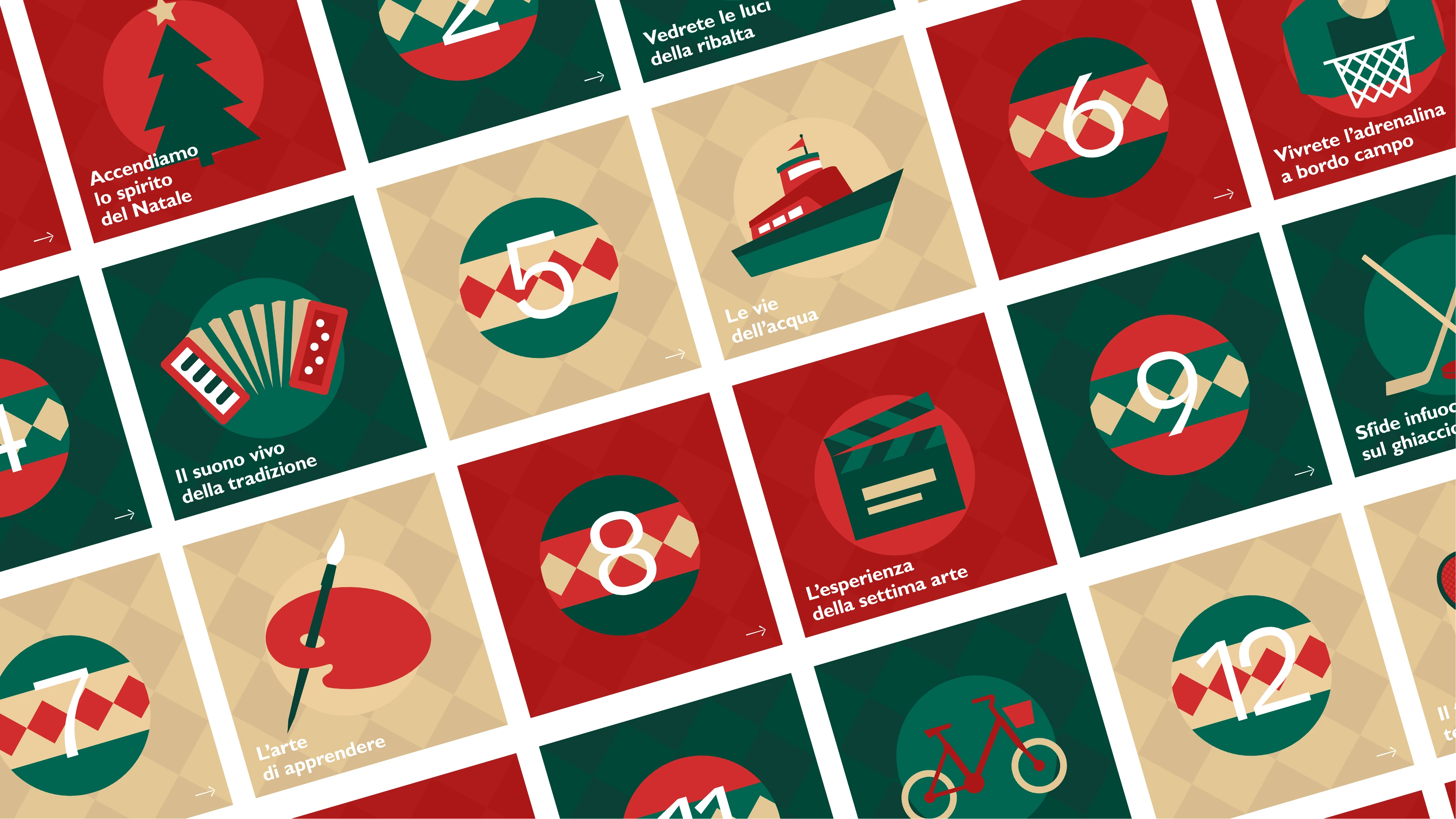 A grid of festive icons with holiday-themed tradition imagery in red, green, and beige tones