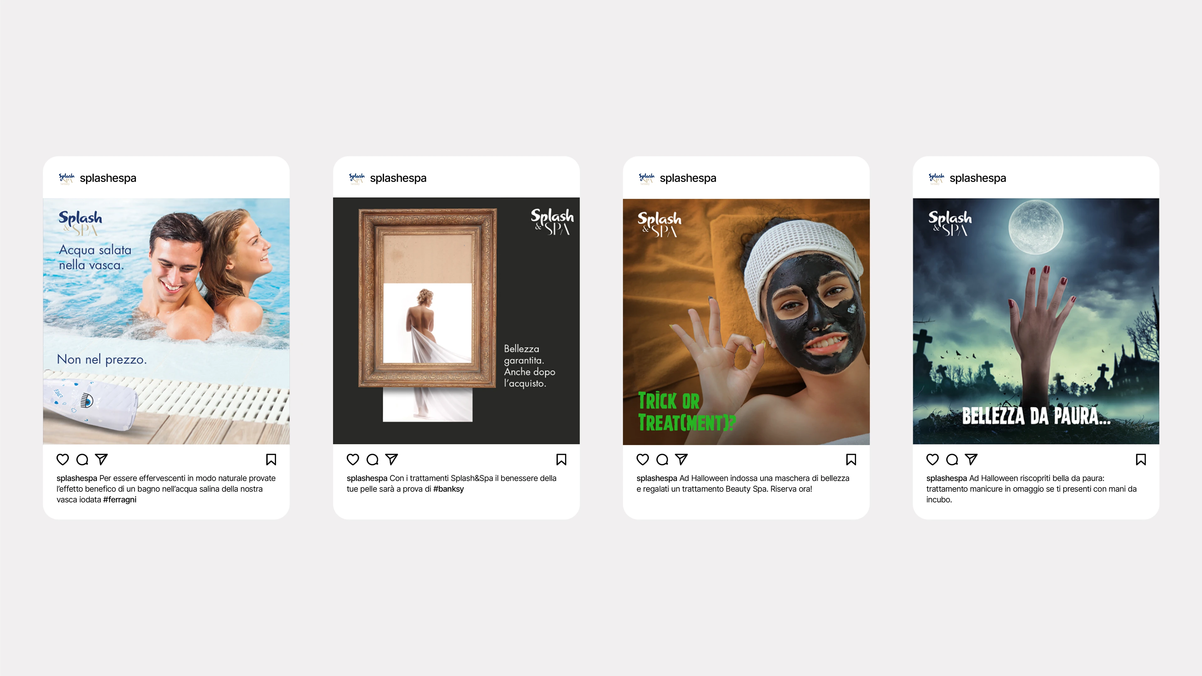 The image shows four Splash&Spa Instagram posts, highlighting a saltwater pool, lasting beauty, a facial mask, and a Halloween manicure promotion.