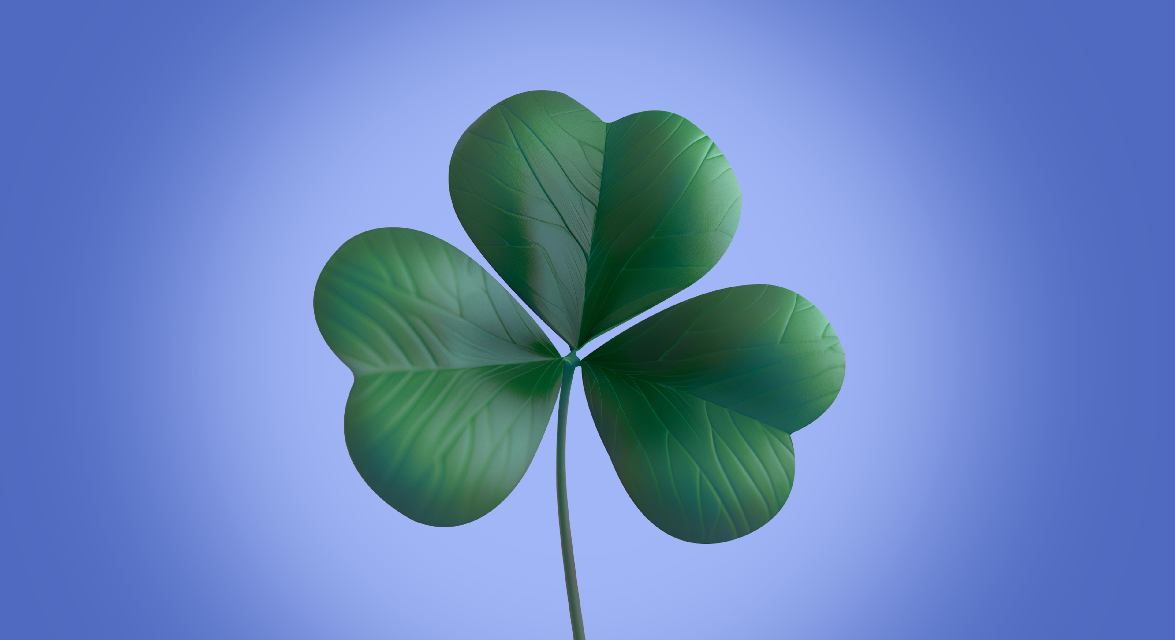 A green four-leaf clover with heart-shaped leaves on a blue gradient background, symbolizing luck and nature.