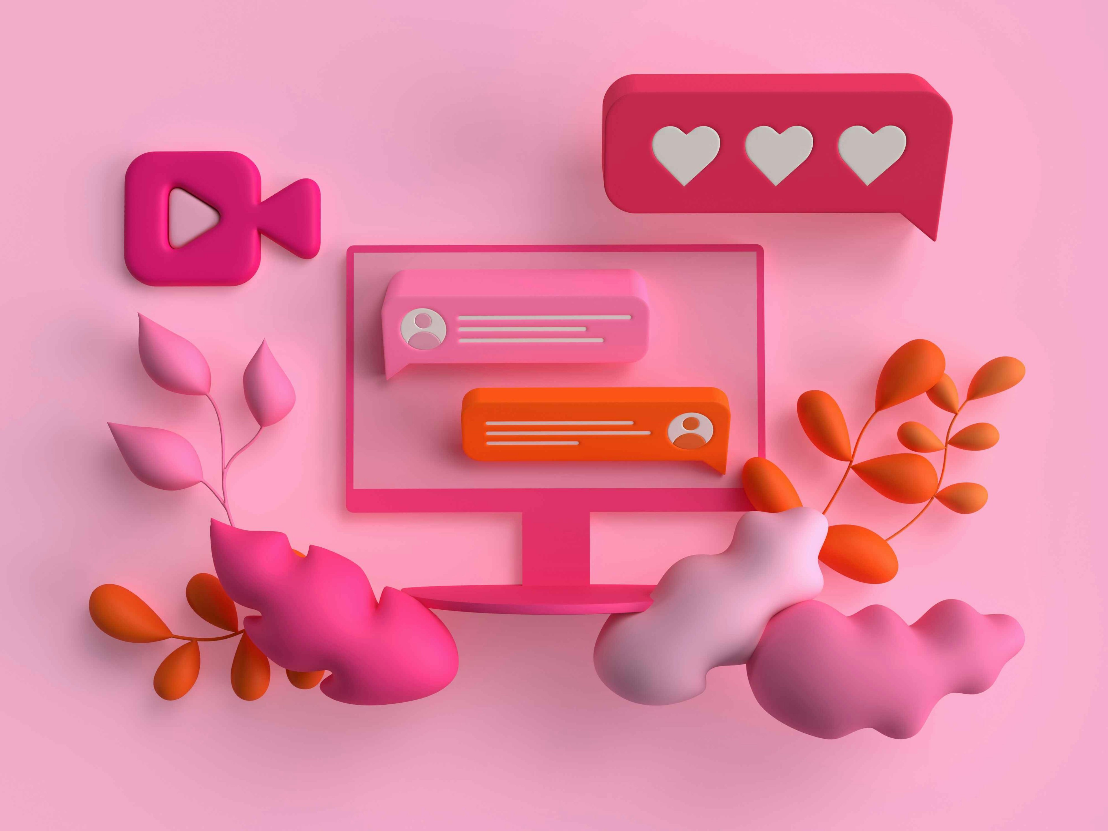 3D illustration of social media elements on a pink background, including a computer screen, chat bubbles, video icon, and abstract shapes, emphasizing communication and interaction in a digital space.