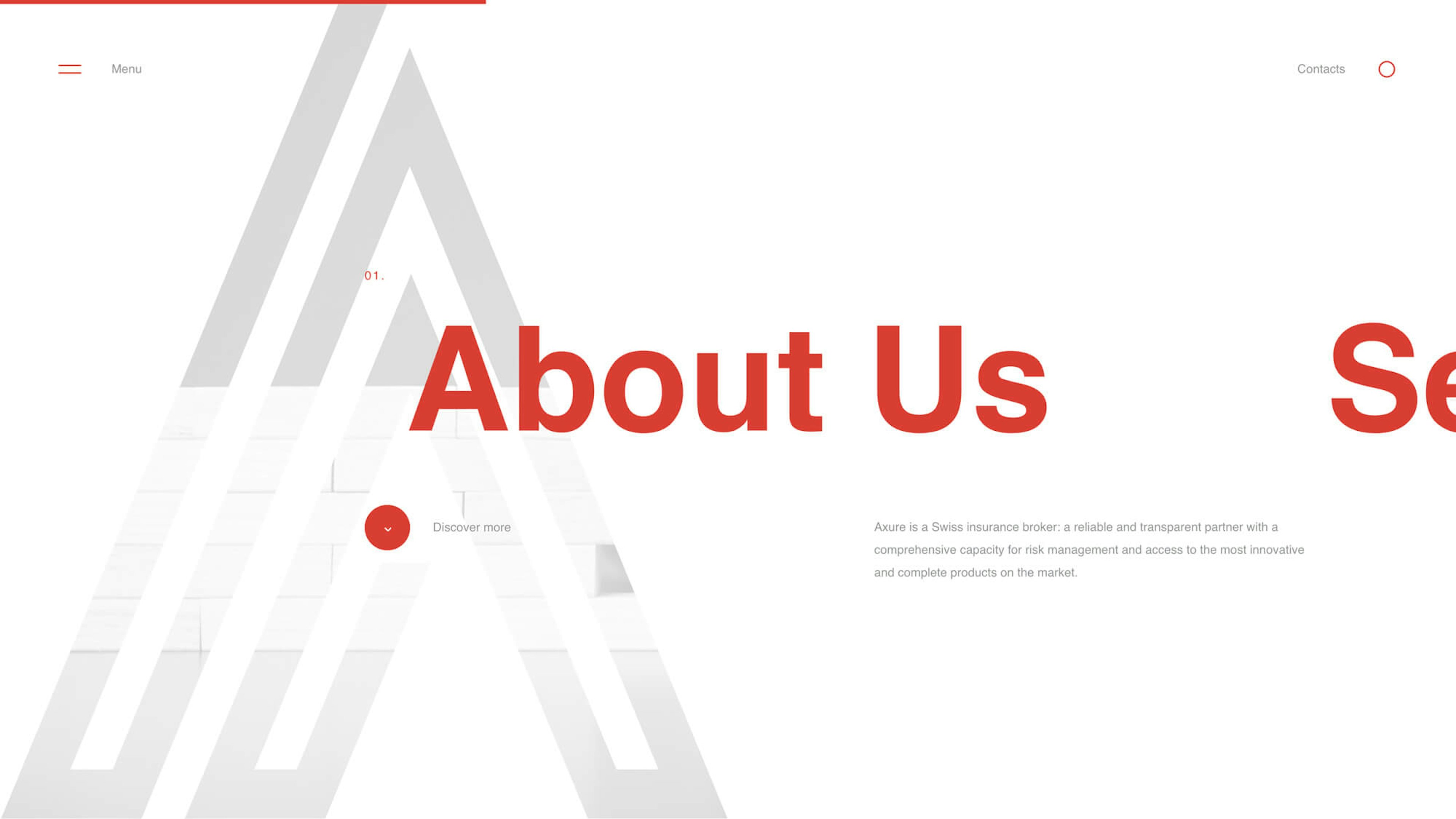 Axure website design with bold "About Us" text and subtle "A" logo on a clean white background, emphasizing professionalism.