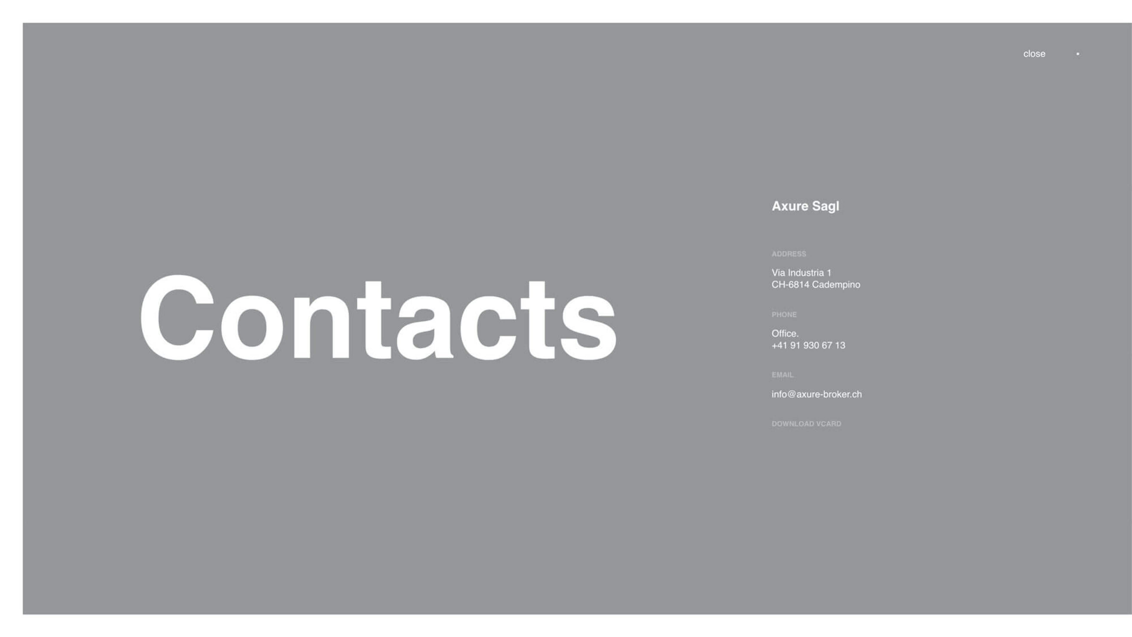 Axure contact page with "Contacts" in large white text on a gray background. The right side lists the company's address, phone number, and email, emphasizing accessibility and professional communication.