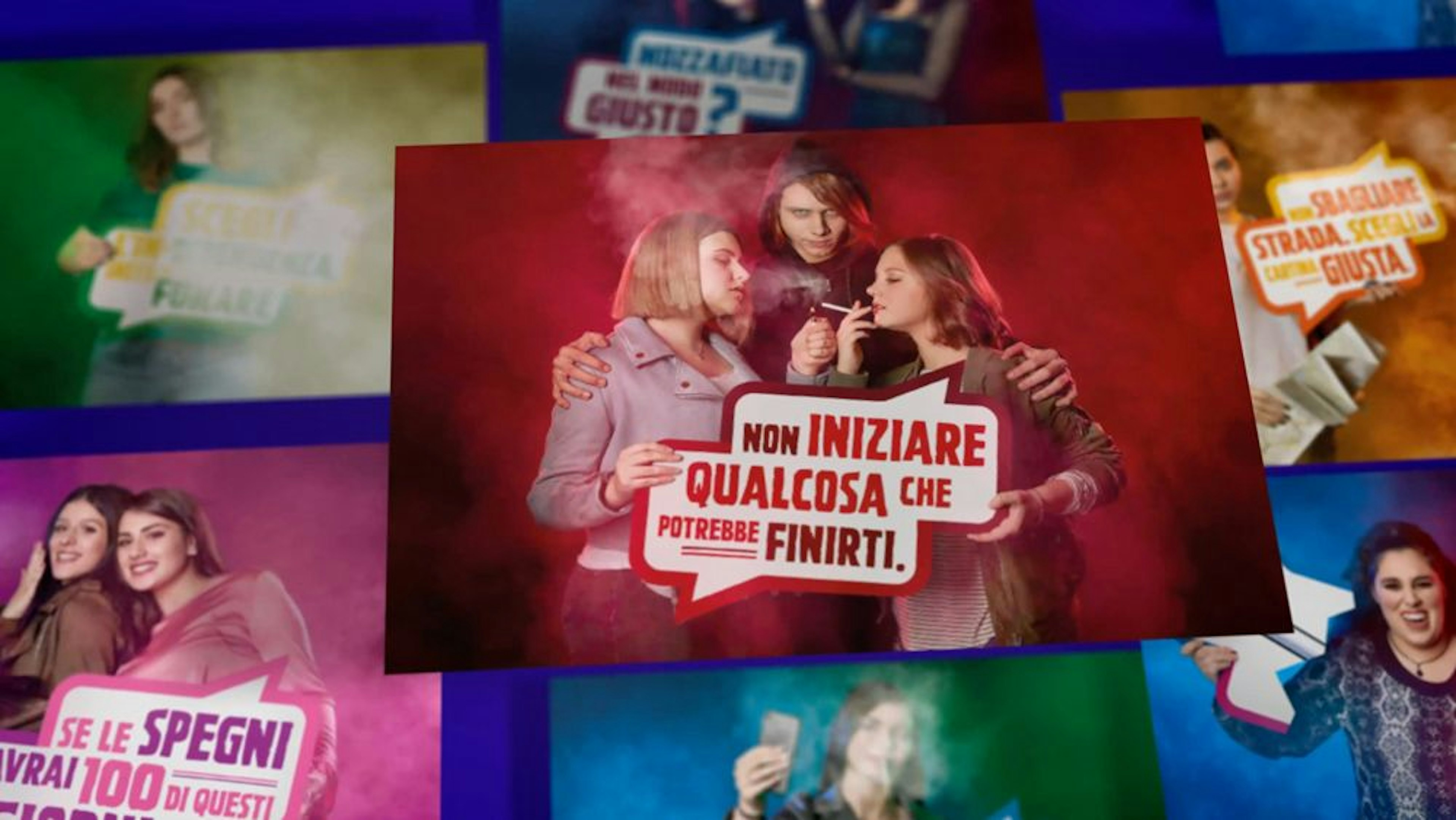 Anti-smoking campaign image with three youths, one offering a cigarette. Central text: "Non iniziare qualcosa che potrebbe finiti," highlighting smoking dangers.