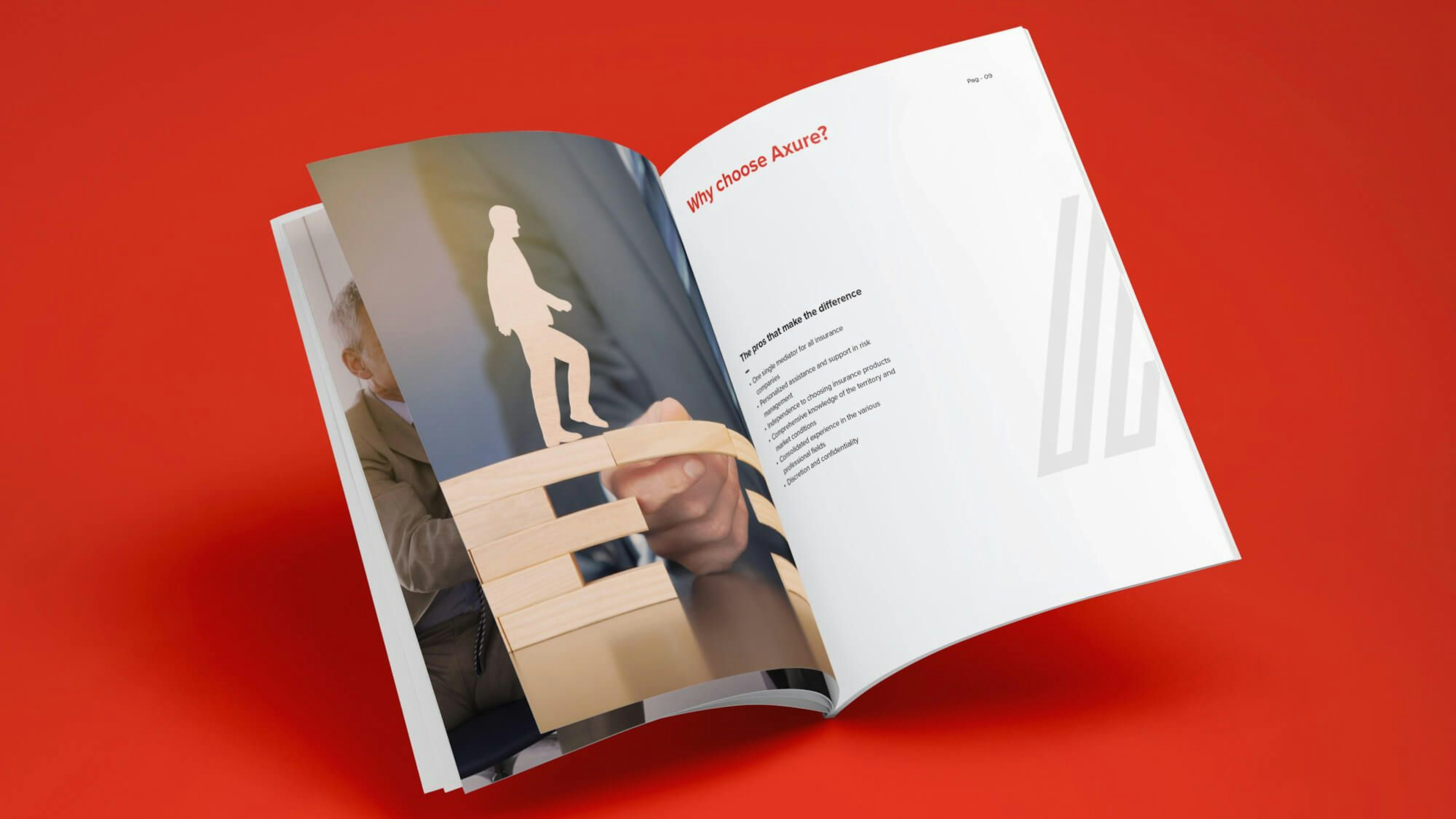 Open Axure brochure on a red background with the heading "Why choose Axure?" and a list of benefits, alongside an image symbolizing support and guidance.