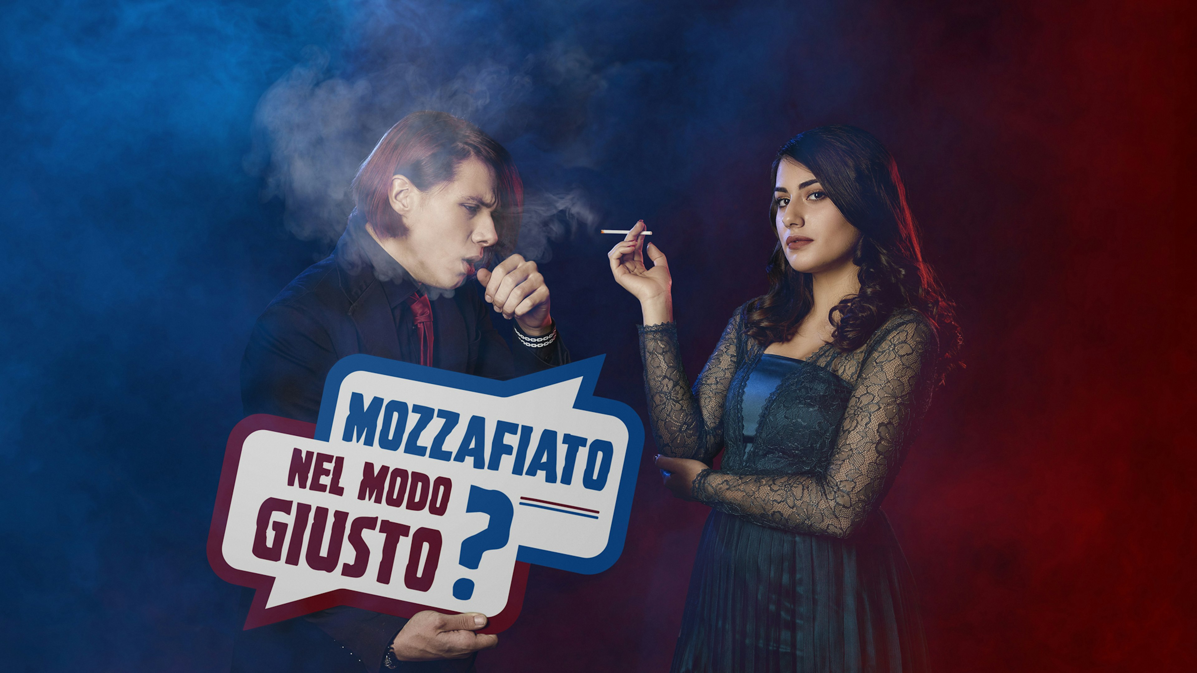 Two people smoking in a dark, smoky setting. A man on the left coughs while holding a sign that reads "Mozzafiato nel modo giusto?" suggesting a play on the word "breathtaking." The image highlights the negative impact of smoking.