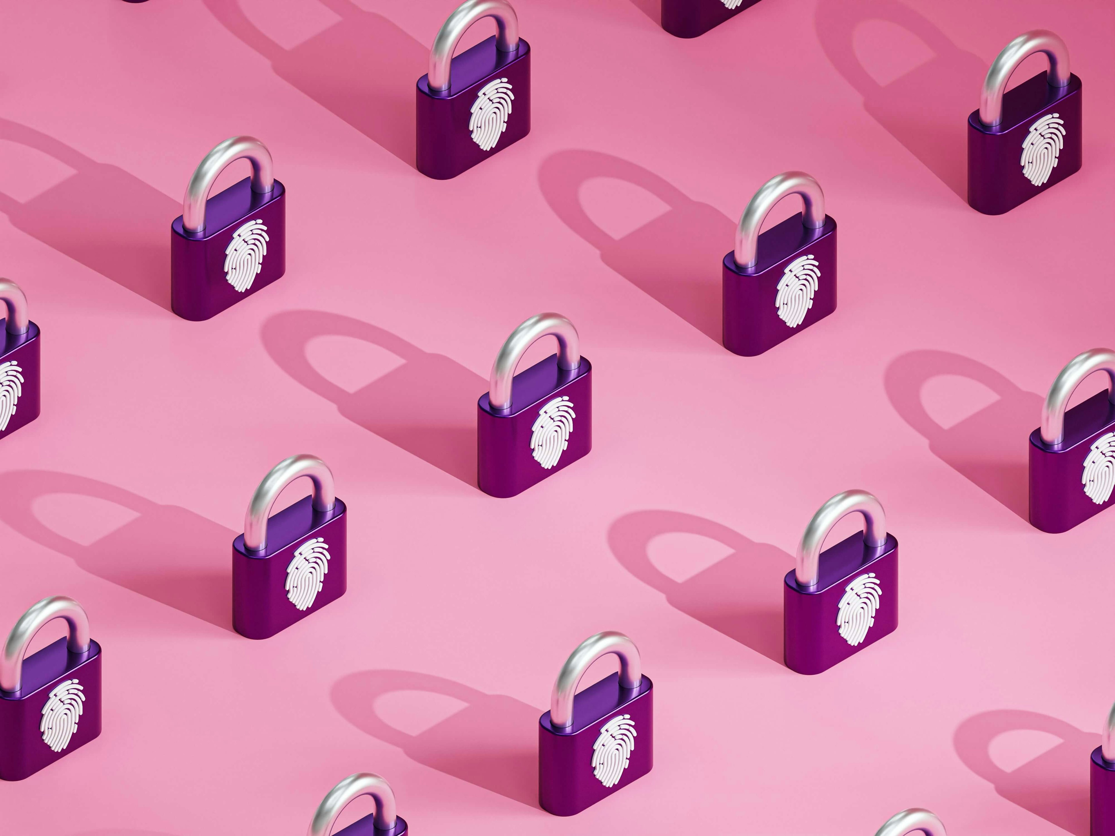 The image features a repeating pattern of purple locks with silver arches on a pink background, each decorated with a white fingerprint, evoking concepts of digital security and data protection.