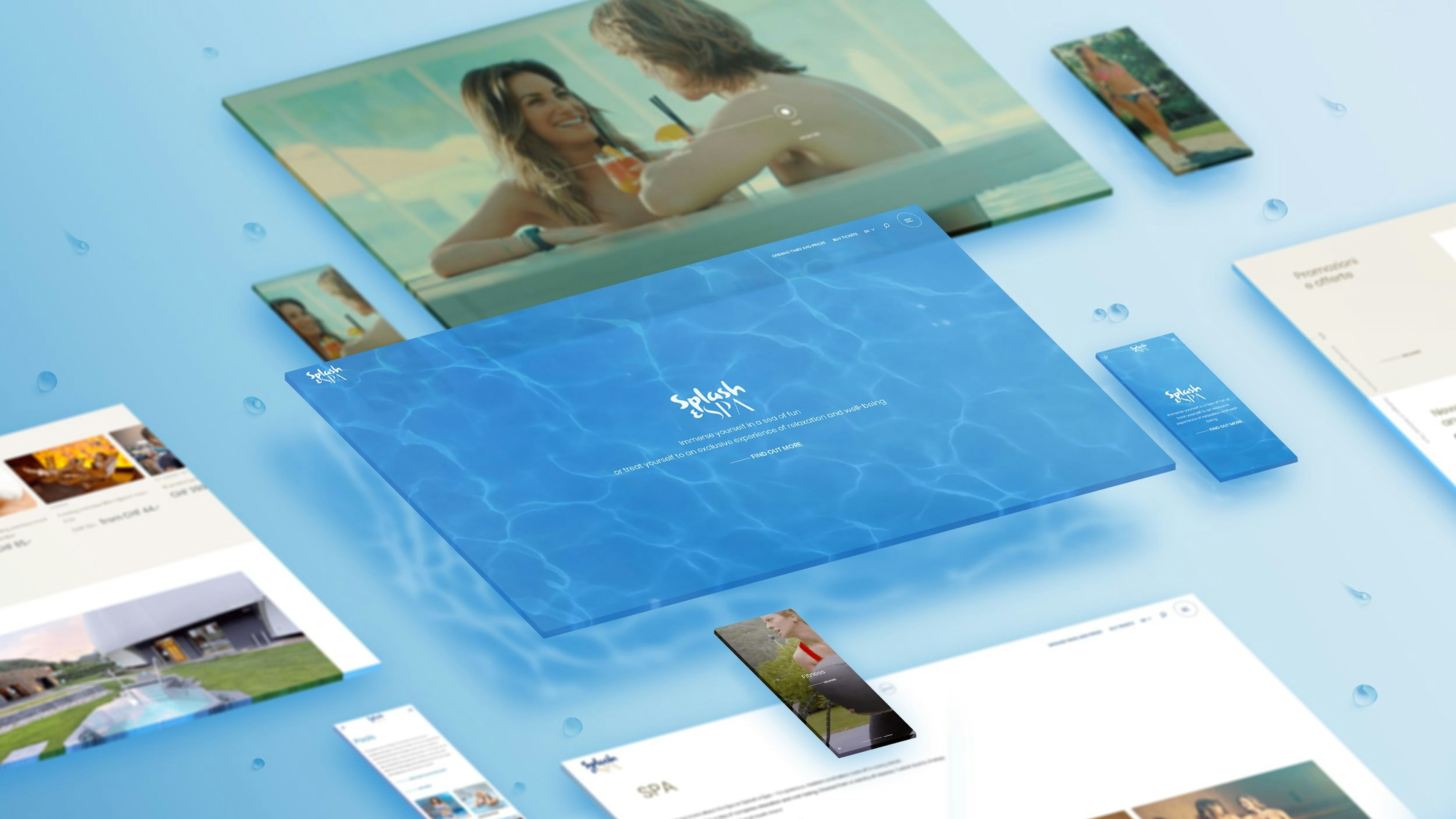 The image displays Splash & Spa's digital interface with floating screens on a blue water-themed background, highlighting a luxurious, relaxing user experience.